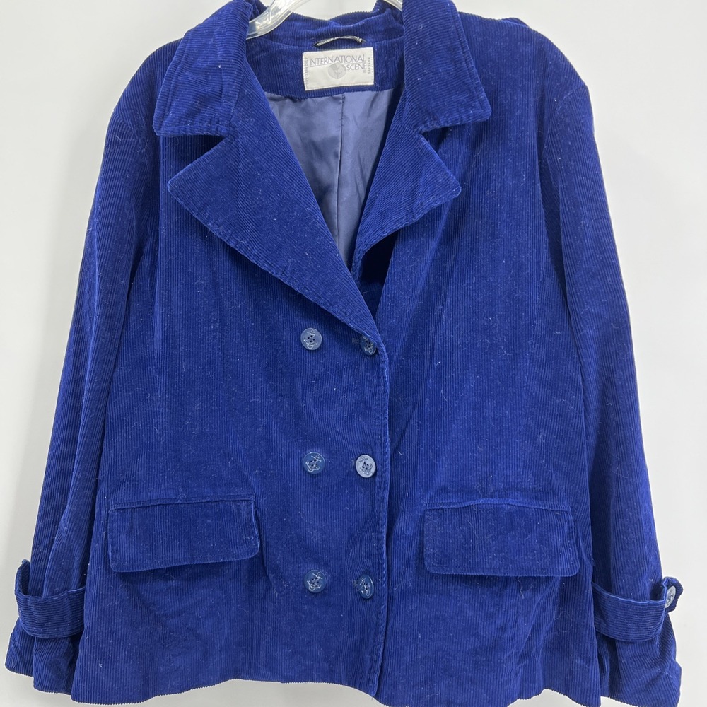 Vintage Women's Double Breasted Corduroy Blazer‎ Jacket Blue Size 16 Int'l Scene